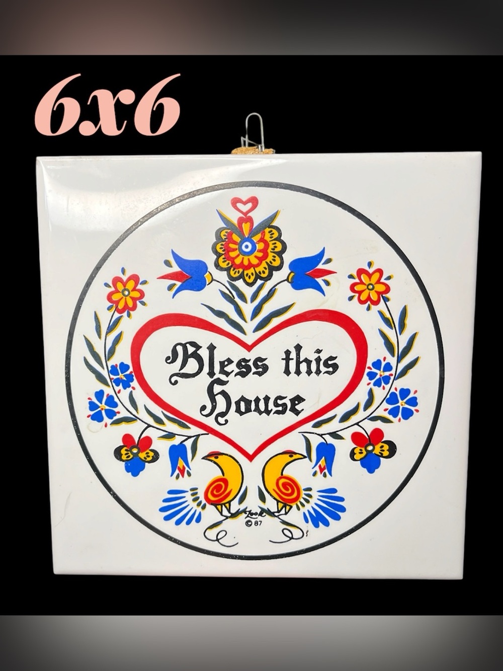Bless This House Heart Wall Tile - White with Red & Blue Folk Art